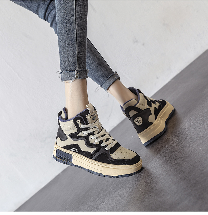 真皮高帮鞋女秋冬厚底拼色板鞋2025新款加绒休闲ins风运动鞋子女详情14