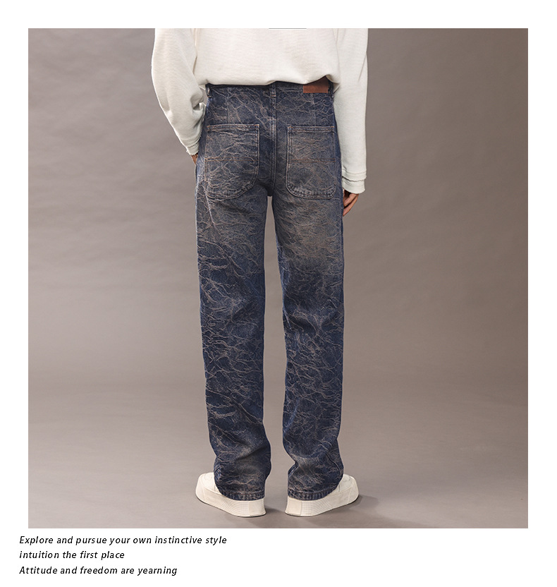 Trendy wavy straight-leg jeans for men, high street washed slightly loose long pants for men 2025 pic 2