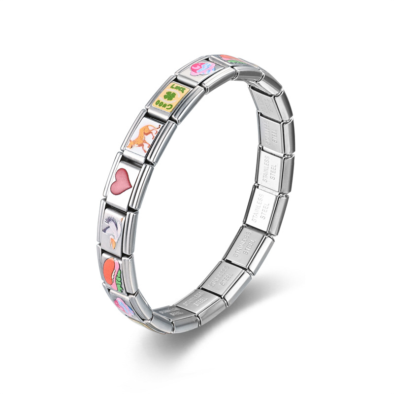 意大利模块手链 不锈钢创意弹力手环 拼接方块火车卡印花手链详情15