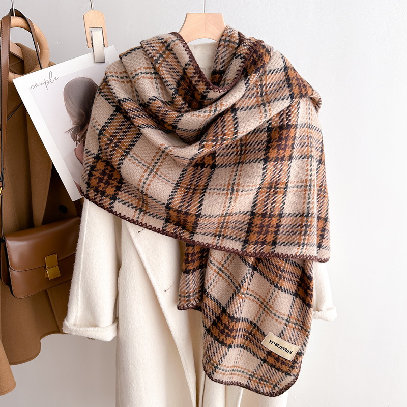 新款直播爆款甜美百搭粉色格子软糯学生格子围巾冬季保暖流苏披肩详情10