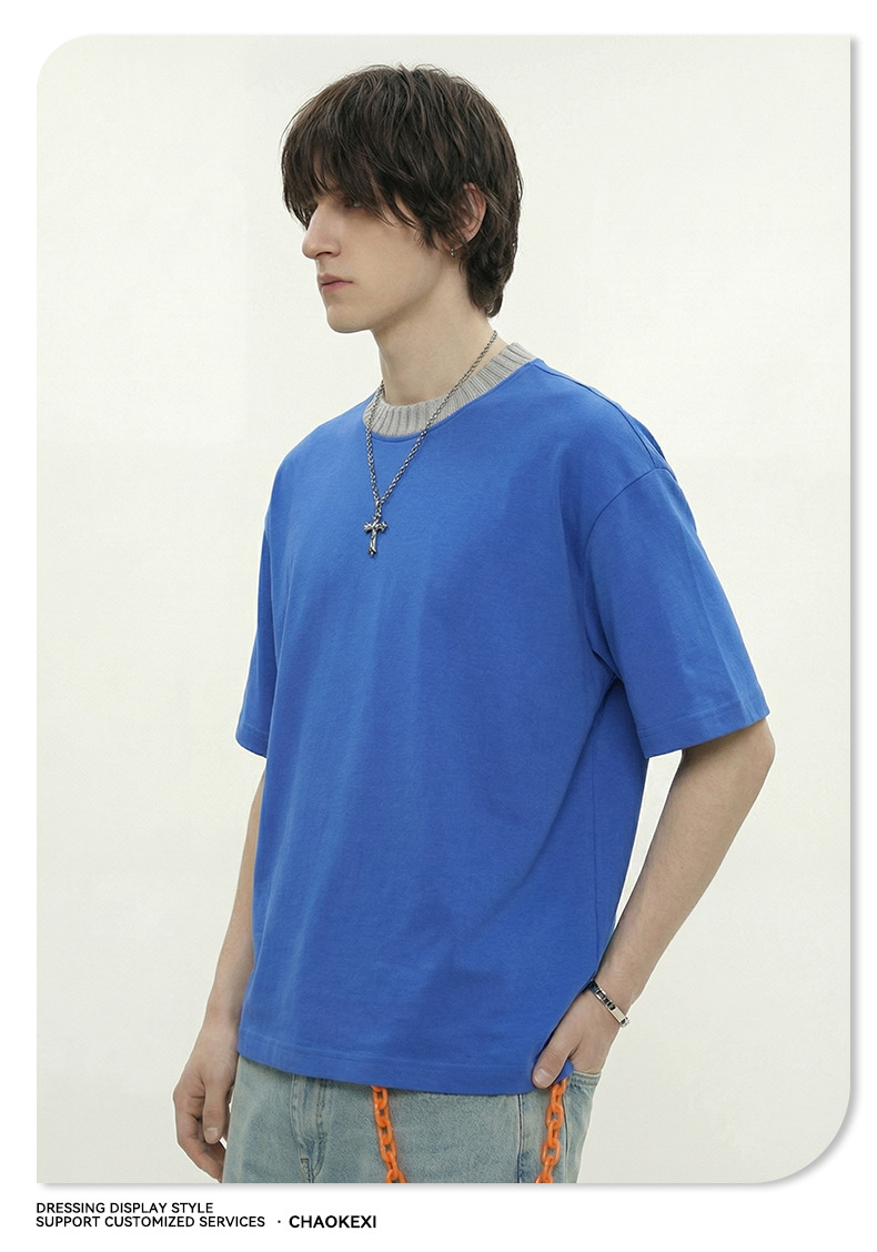 Summer new knitted patchwork color-blocking collar 100% cotton short-sleeved American trendy brand versatile short T-shirt top for men pic 8