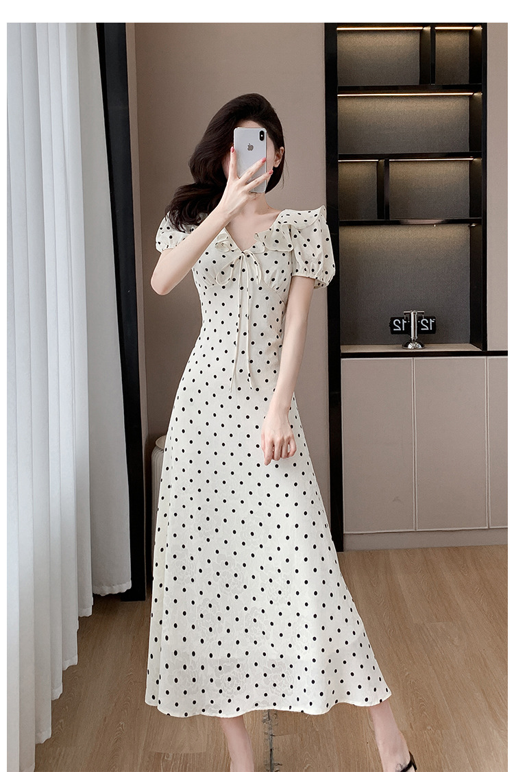 High-quality summer Korean-style sweet and slimming dress with lotus leaf collar, waist-cinching tie, puffed sleeves and jacquard polka dot pic 16