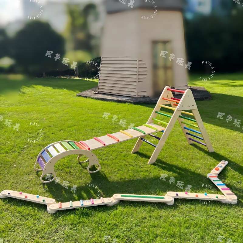 早教益智儿童木制多功能彩虹摇摇椅平衡板攀爬架互动玩具幼儿园详情7