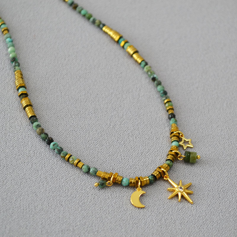 秋冬新款欧美小众设计复古文艺绿松石串珠星星月亮挂坠短款项链女详情10