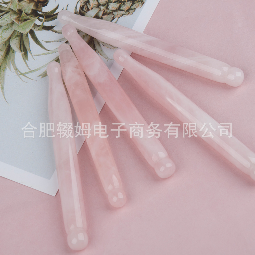批发外贸天然粉晶玉石按摩器脸部面部刮板质感温润手工打磨穴位笔详情10
