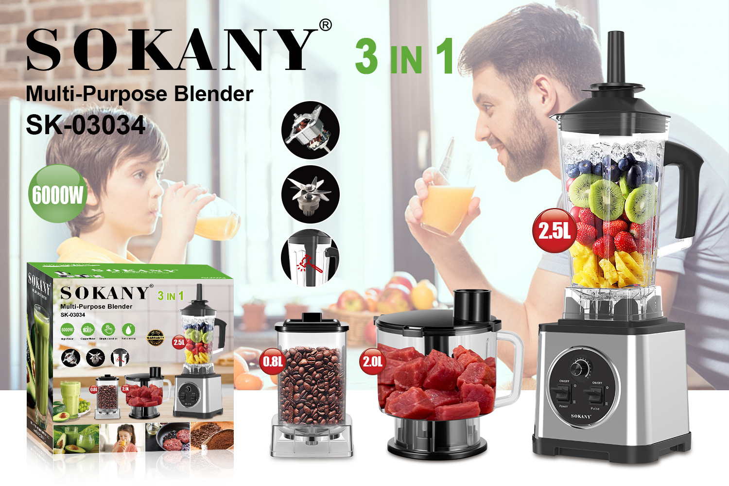 Export SOKANY03034 blender, household three-in-one meat and bean grinder, stainless steel juicer pic 4