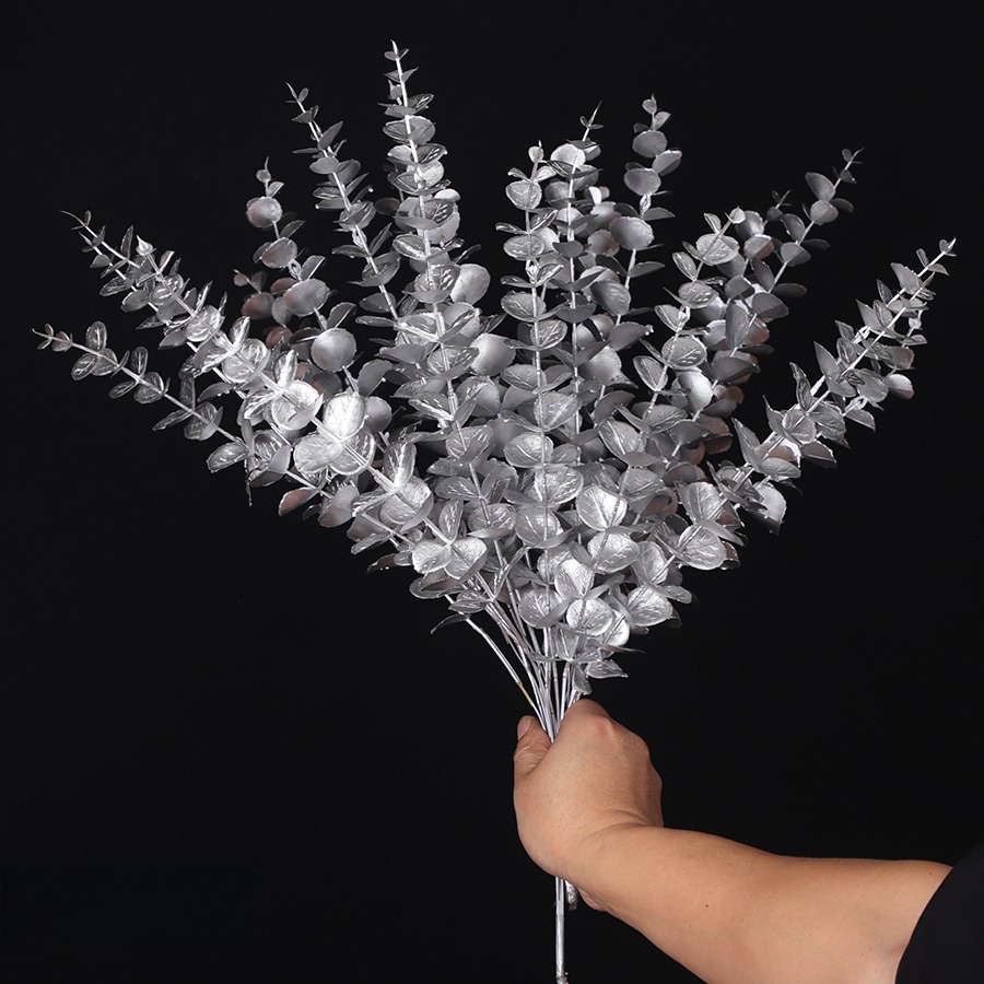 银色仿真花年宵花银色尤加利银色叶子银杏叶假花福桶插花新年摆件详情1