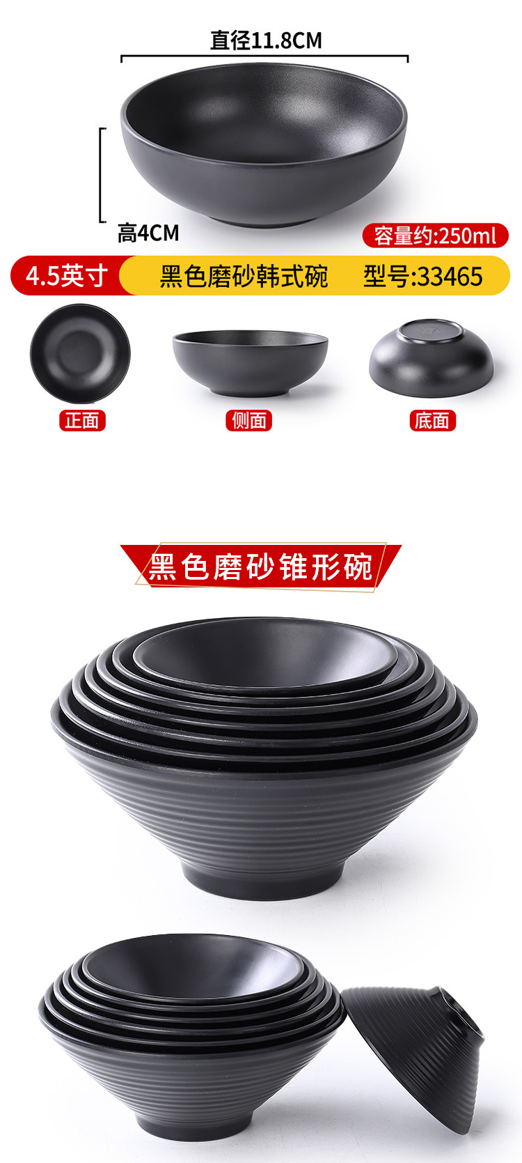 Melamine hot pot large bowl, imitation porcelain black bell mouth bowl, special bowl for Japanese noodle shops and restaurants, rice noodle soup with snails, bamboo hat pic 14