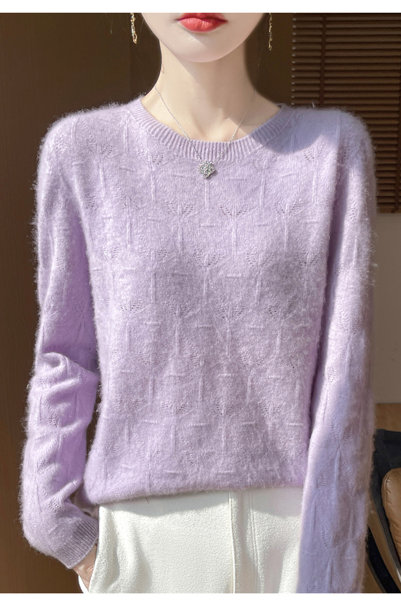 镂空花一线成衣100纯羊毛衫女圆领长袖针织羊绒毛衣宽松软糯打底详情44