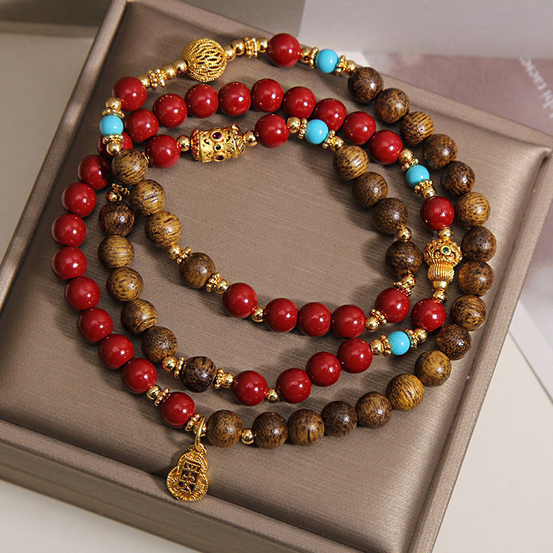 Agarwood multi-circle bracelet, new Chinese-style light luxury, retro ethnic style, purple gold sand peace gourd, wealth attraction bracelet and jewelry pic 6