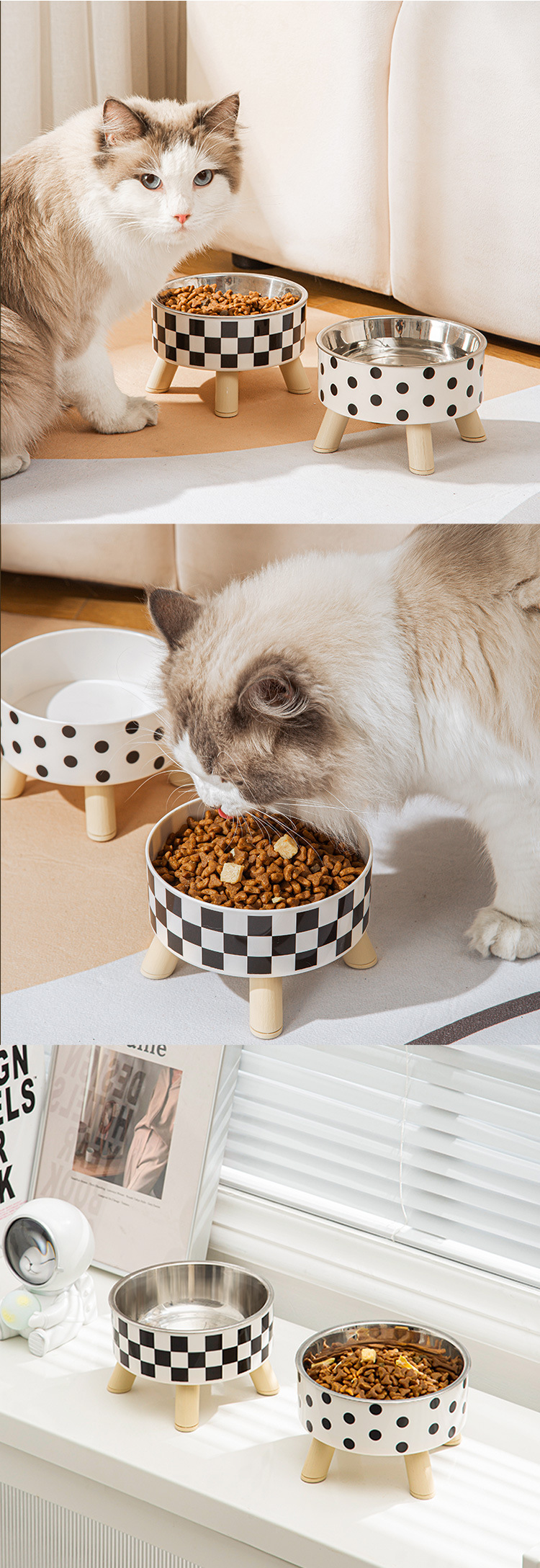 Wholesale of high-legged polka dot checkered pet bowls and anti-drop pet food utensils for cats and dogs pic 8