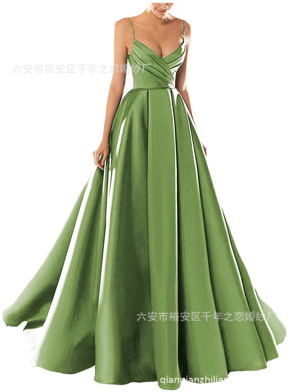 晚礼服欧美外贸2023新款春季中腰缎面粉色气质长款吊带宴会晚礼服详情21