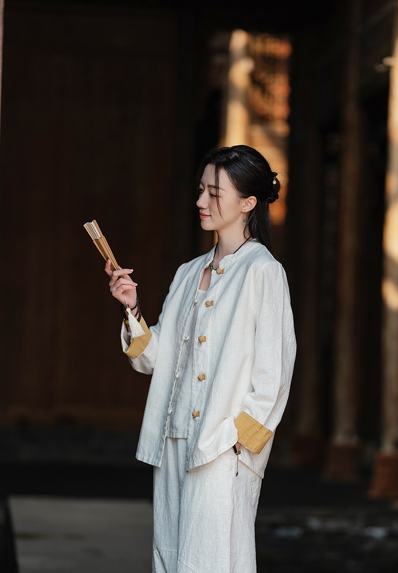 国潮中式棉麻女装拼色盘扣衬衫复古亚麻上衣茶服女禅意中山装国风开衫详情10