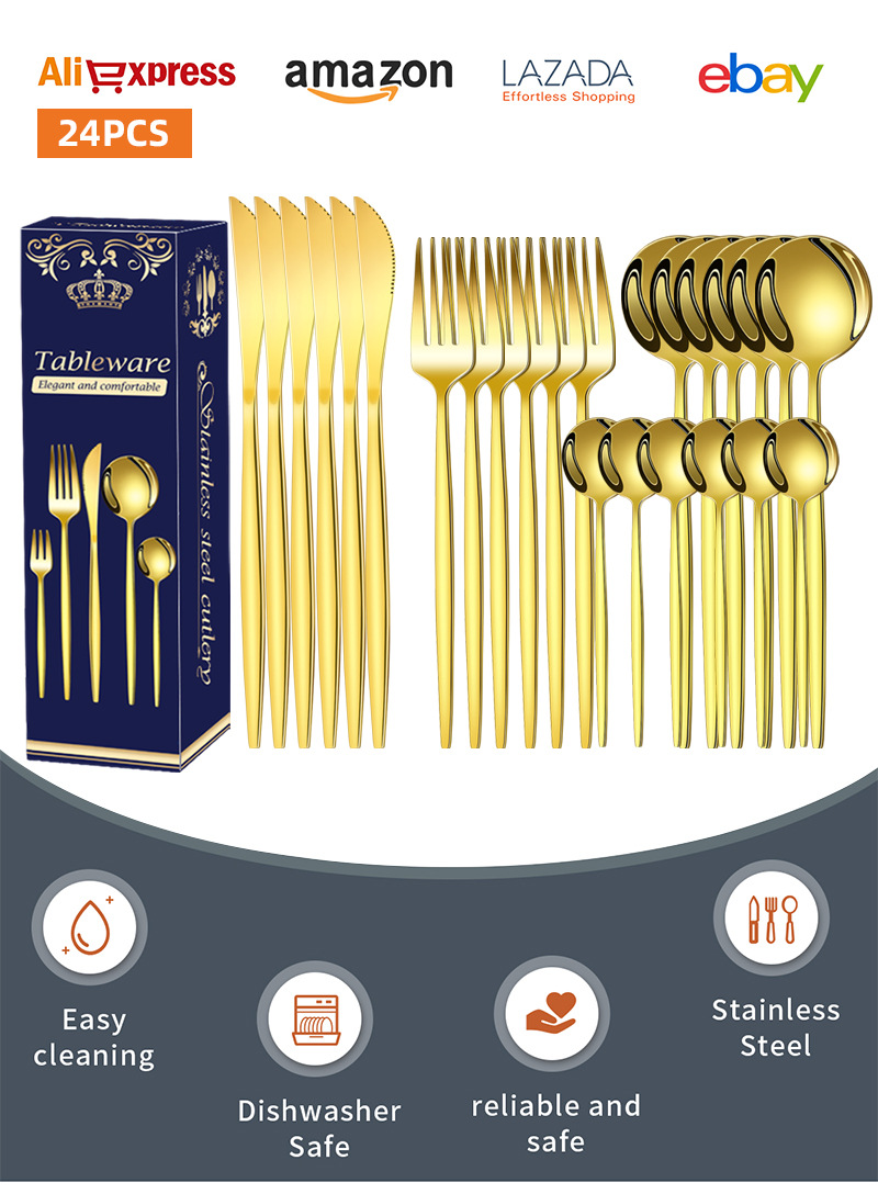 Cross-border Amazon stainless Steel 24-piece tableware set, Portuguese knife, fork and spoon Western tableware gift box set pic 2