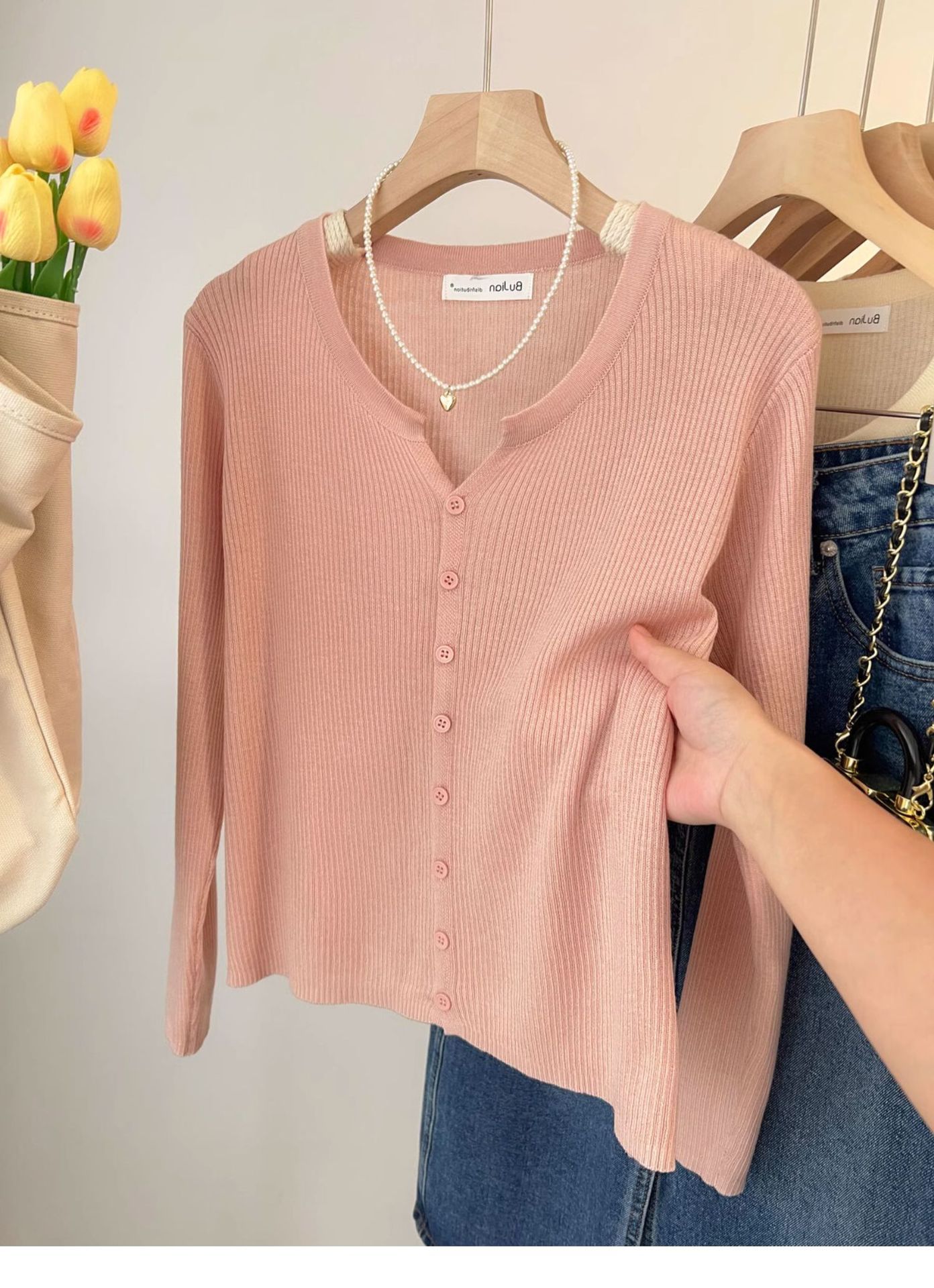 A short woolen cream-colored knitted coat for women, a long-sleeved cardigan for spring and autumn, and a chanel-style innerwear with a base layer pic 22