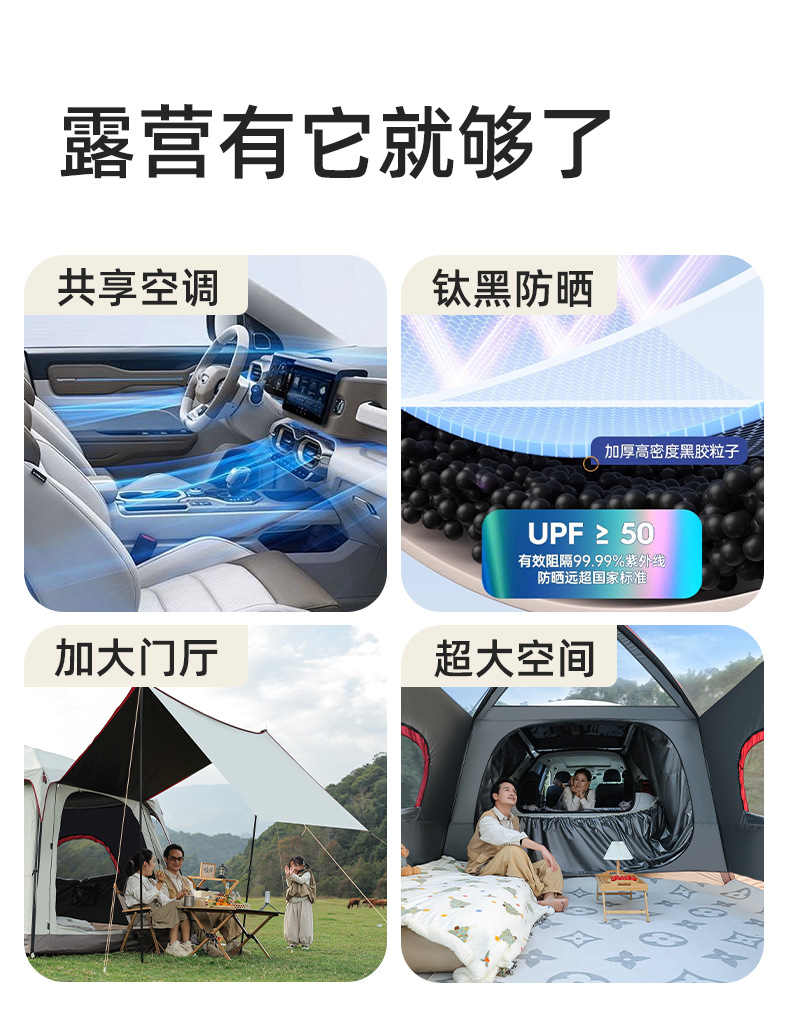 户外帐篷黑胶车尾帐三合一加厚加大防晒防暴雨露营野营过夜装备详情2