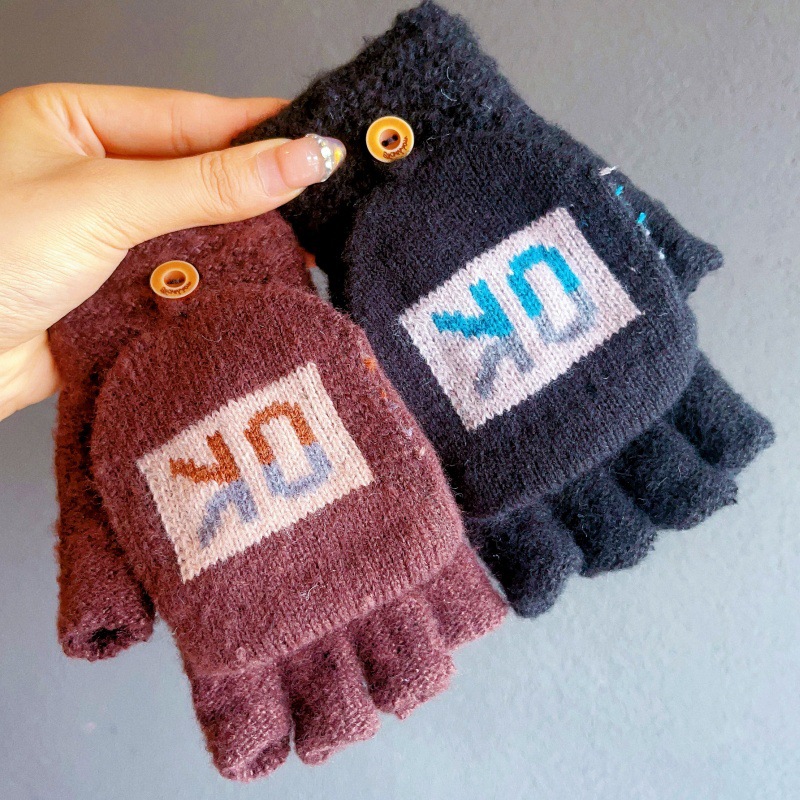 韩版手套冬季新款保暖防寒防冻男士简约户外骑行半指翻盖写字手套详情9