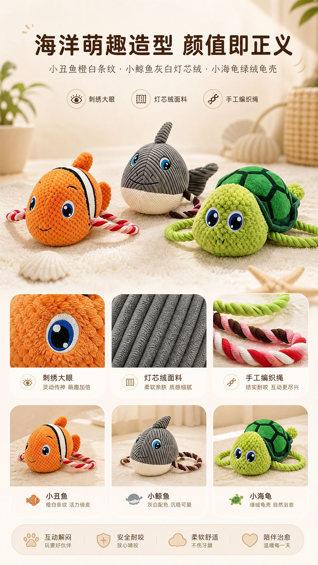 Ocean Series plush toys: Sound-sounding, chewable, teething pet toys, turtles, clownfish, narwhals, and entertainment toys pic 5