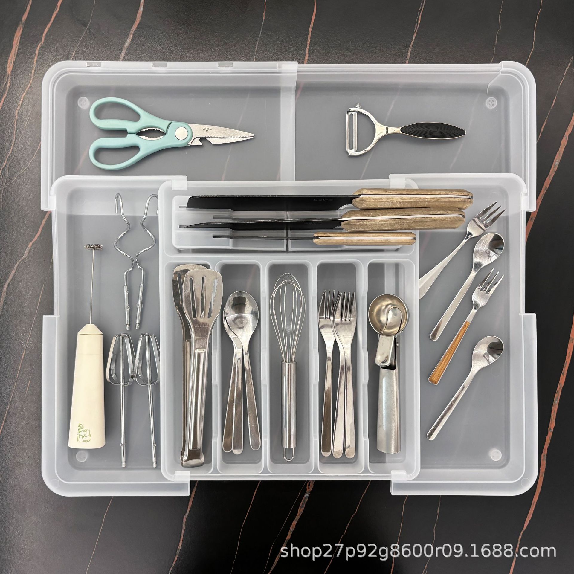 厨房餐具分格收纳盒可伸缩刀叉分类整理盒四向伸缩抽屉式餐具盒详情13