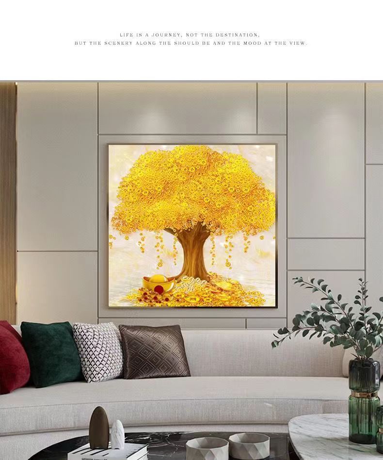 2024年新款5d钻石画客厅玄关发财树满钻黄金满地十字绣贴钻详情4