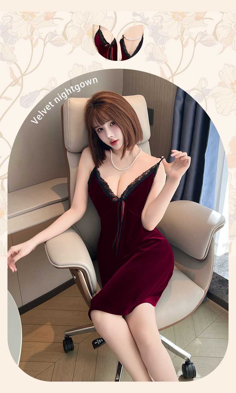 Retro velvet pearl chain backless nightgown for women, sexy deep V lace bow, multi-color home wear 987 pic 3