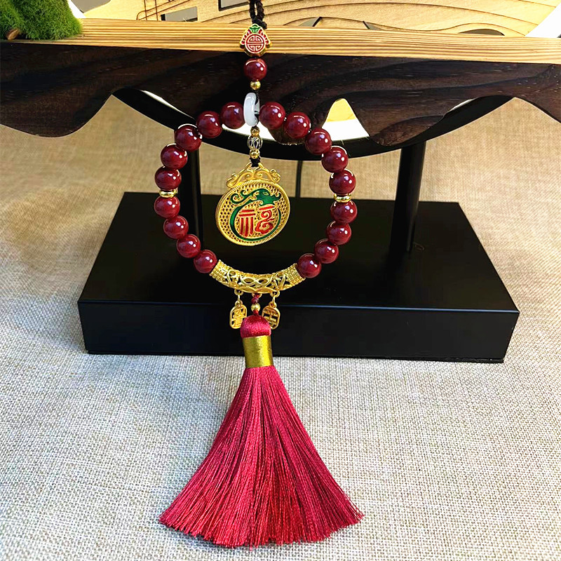 Red rope, ancient method, sand gold, Five blessings complete, cinnabar peace and good fortune, car pendant, blue, Chinese trend, retro pendant pic 4