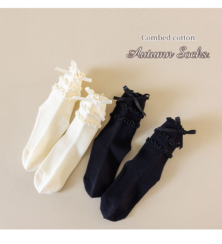 儿童袜子春秋款木耳边堆堆袜可爱蝴蝶结女童洛丽塔花边公主中筒袜详情5