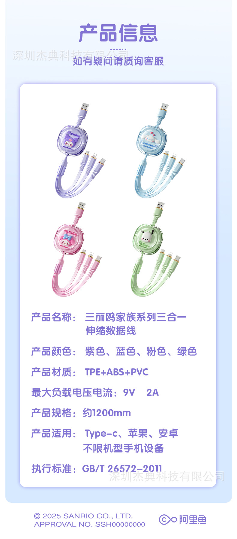 HelloKitty一拖三数据线全兼容TYPC充电线三合一超快充手机快充线详情10