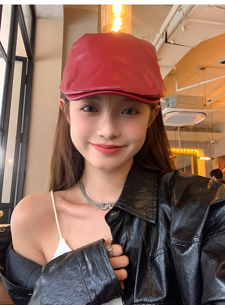 Red retro leather front hat, Korean style versatile duck tongue beret, fashionable newsboy cap, face-showing small hat pic 2