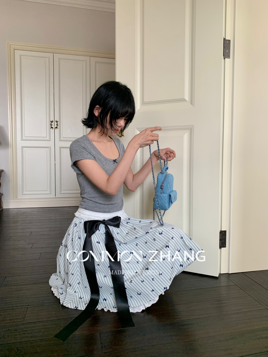 CZ ZHANG夏季韩版少女感减龄蝴蝶结拼接U领纯色天丝短袖T恤B20757详情29