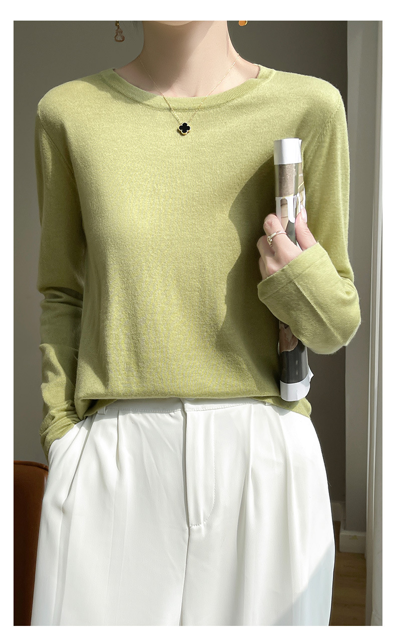 A fine-spun fine wool knitted sweater for women with a round neck, thin spring loose long-sleeved mulberry silk T-shirt, paired with a base layer top pic 6