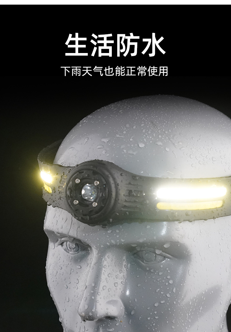 Induction headlight, LED head-mounted dual-light source night fishing headlight, USB charging running light, silicone headlight, strong light pic 14