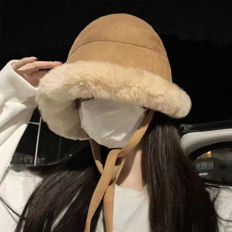 蒙古帽毛绒渔夫帽子秋冬女保暖骑车绑带防风毛茸茸盆帽冷帽毛线帽详情14