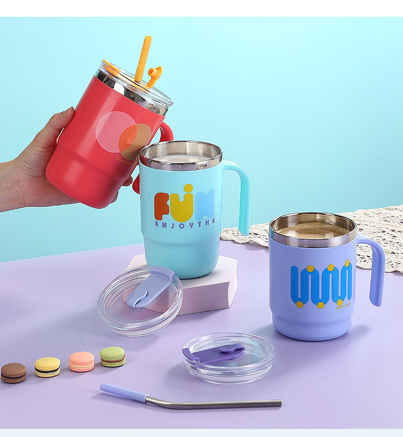 Simple water cup with handle, household and office sealed water cup, mug, student water cup with straw, stainless steel water cup pic 9
