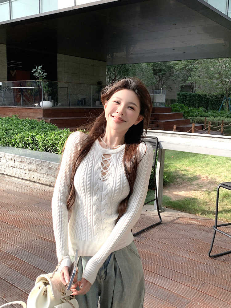 白色圆领镂空针织衫女秋冬修身长袖麻花毛衣打底内搭辣妹紧身上衣详情33
