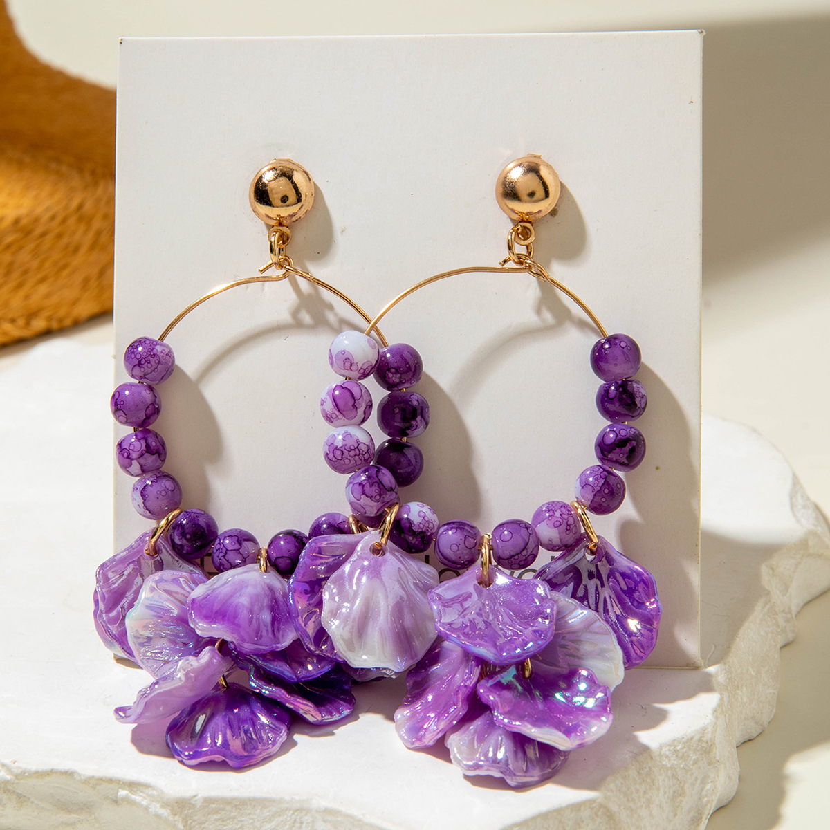 欧美跨境个性饰品紫色椭圆松石耳坠小众设计感玫瑰花朵耳环耳饰女详情38