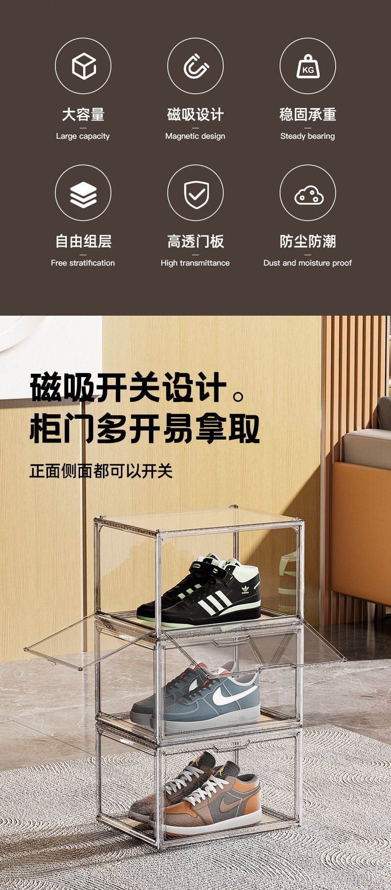 Transparent shoe box, acrylic shoe box, dust-proof magnetic side-opening storage box, shoe box, AJ sneaker storage box pic 2