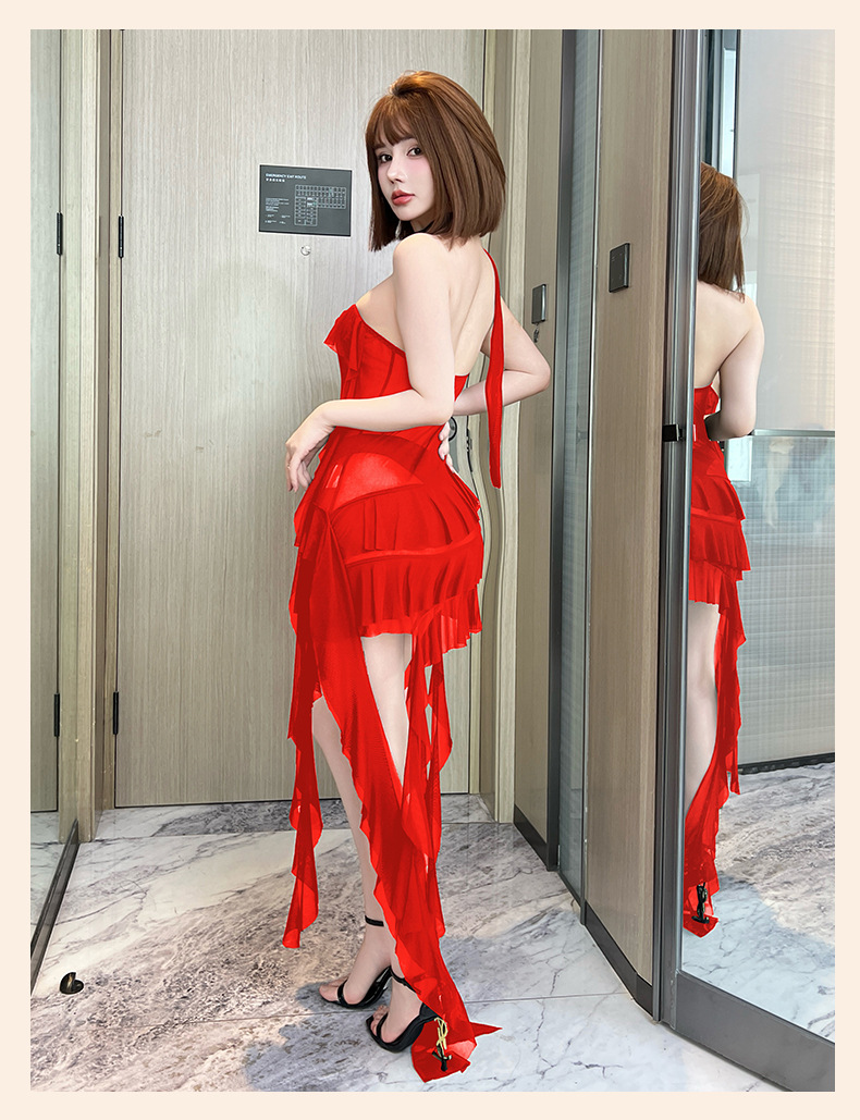 菲韵挂脖网纱飘带性感睡裙多色透视诱惑修身设计女士情趣睡衣975详情12