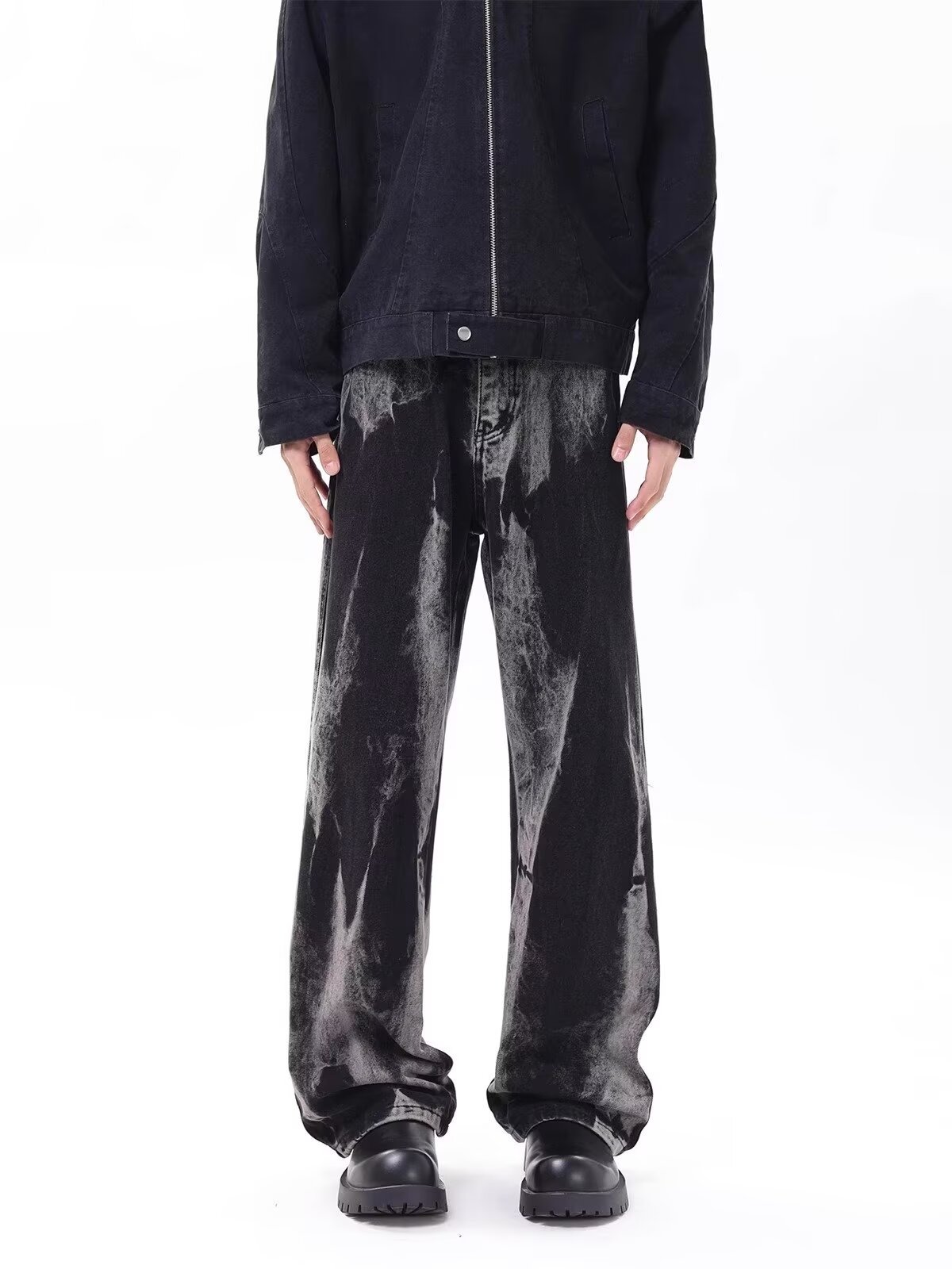 FUIV 扎染水洗垂感牛仔裤男女新款渐变宽松显瘦直筒阔腿拖地裤子详情13