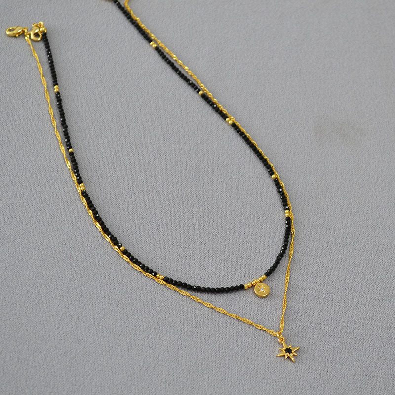 法式小众设计复古黑尖晶串珠星星吊坠双层链条叠戴简约气质项链女详情14