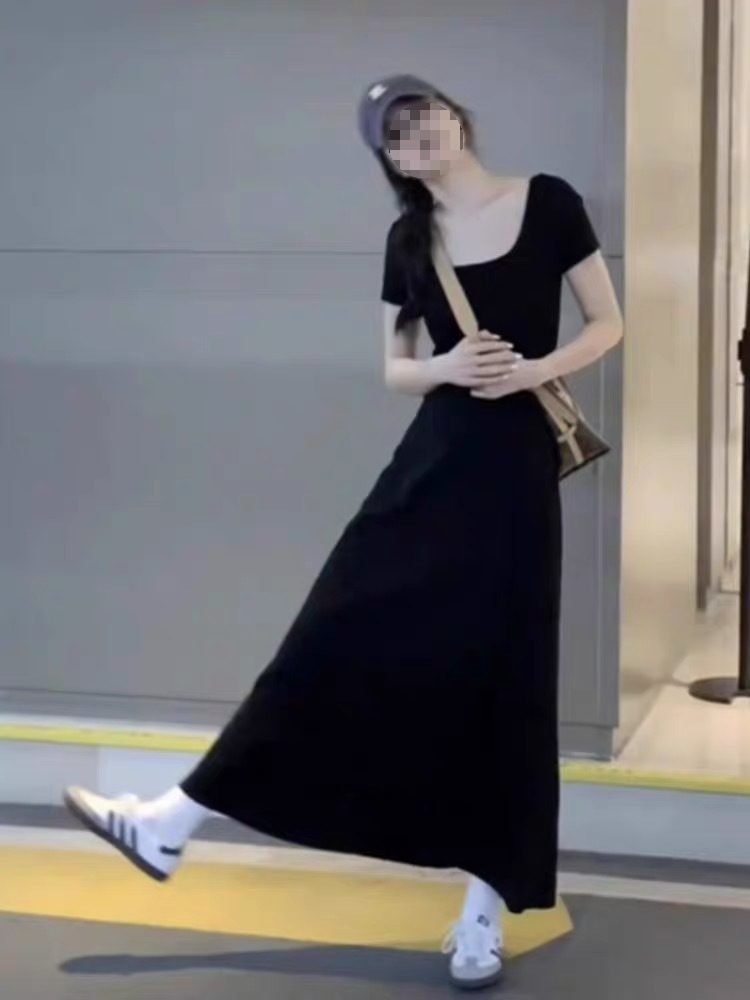 法式纯欲风夏季圆领短袖连衣裙包臀修身收腰长裙纯色高腰大摆裙详情9