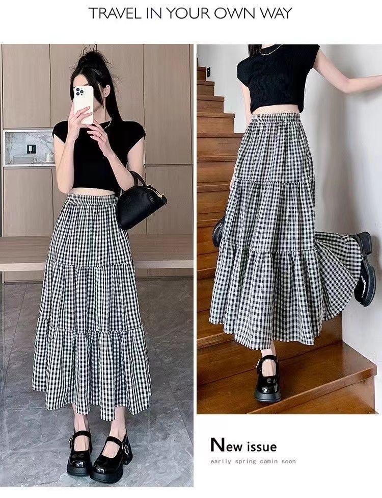 复古小格子半身裙女2025新款高腰a字长裙显瘦遮胯大摆伞裙蛋糕裙详情19