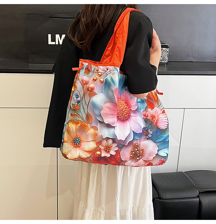 大容量花朵印花单肩包防水购物袋尼龙外出托特包时尚复古手提包详情16