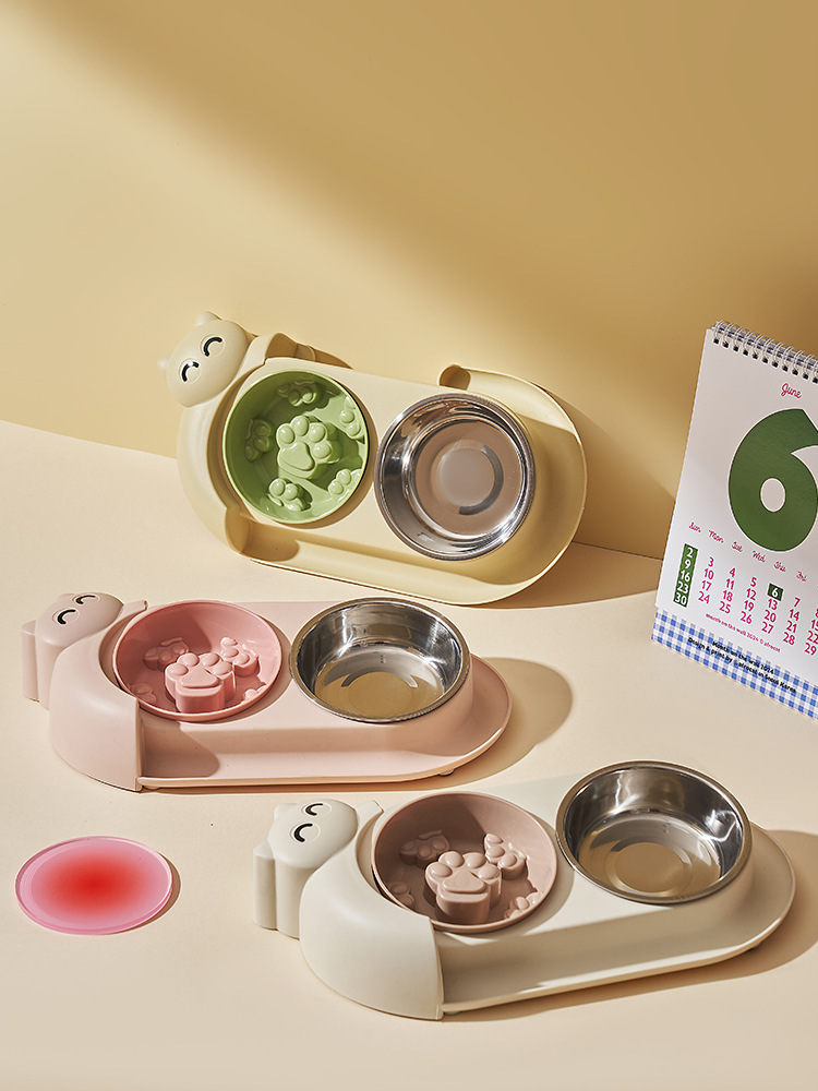 Multi-functional pet double-bowl cartoon with stainless steel bowl, pet feeding utensils, pet water and feeding two-in-one anti-slip bowl pic 20