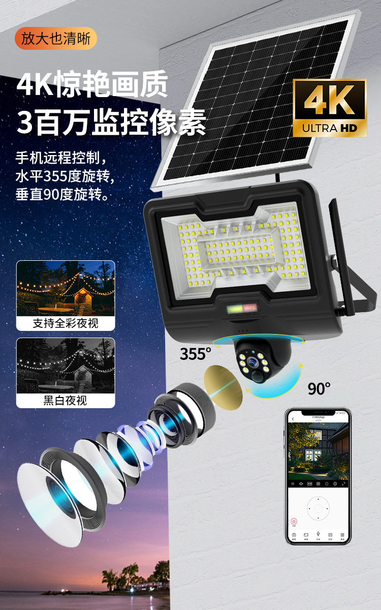 高清太阳能监控摄像头庭院户外照明太阳能投光灯厂家批发详情4