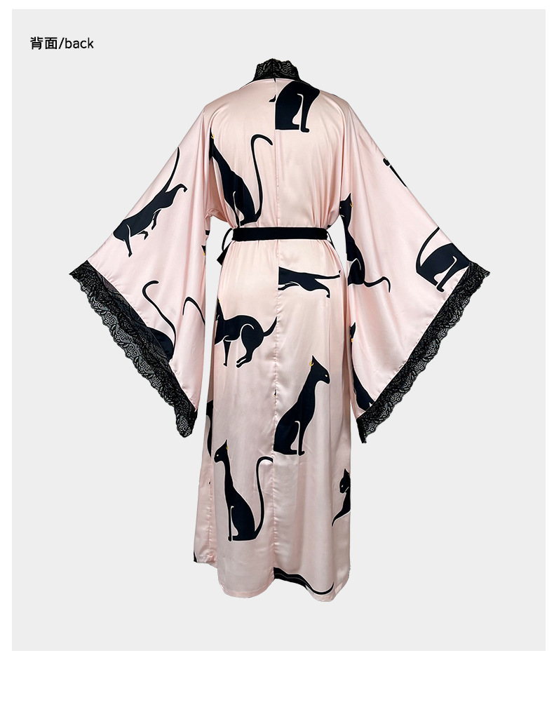 Feiyun retro leopard print lace patchwork sexy long bathrobe Pink silk lace-up Home gown 943 pic 15