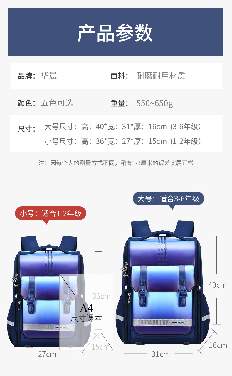 华承新款护脊防水小学生书包耐磨大容量多功能1~6年儿童双肩背包详情5