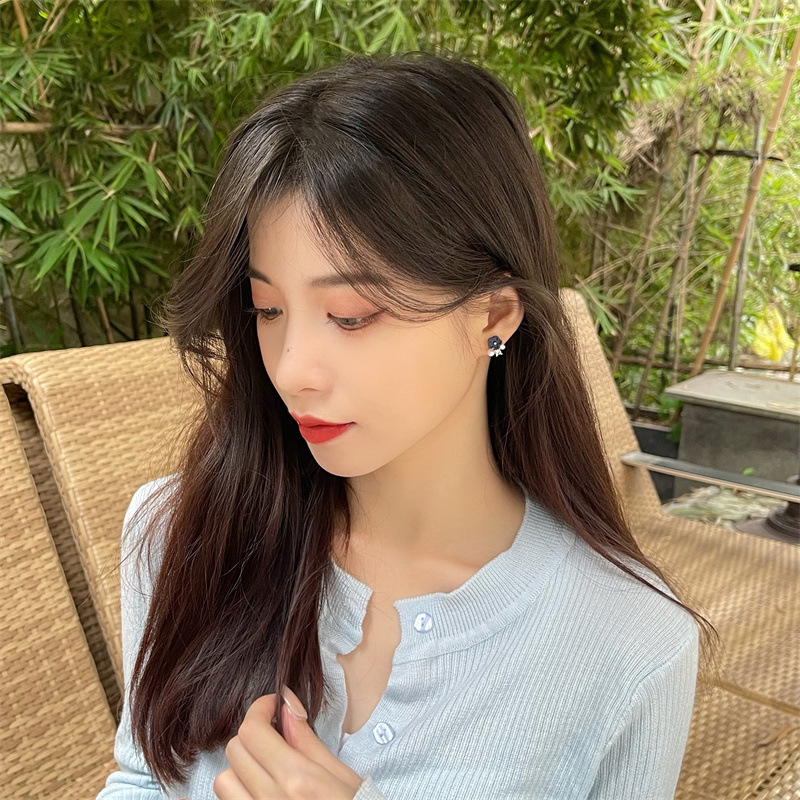 S925银针哑光宝蓝色小花镶钻珍珠复古超仙小巧精美温柔显白耳钉详情12