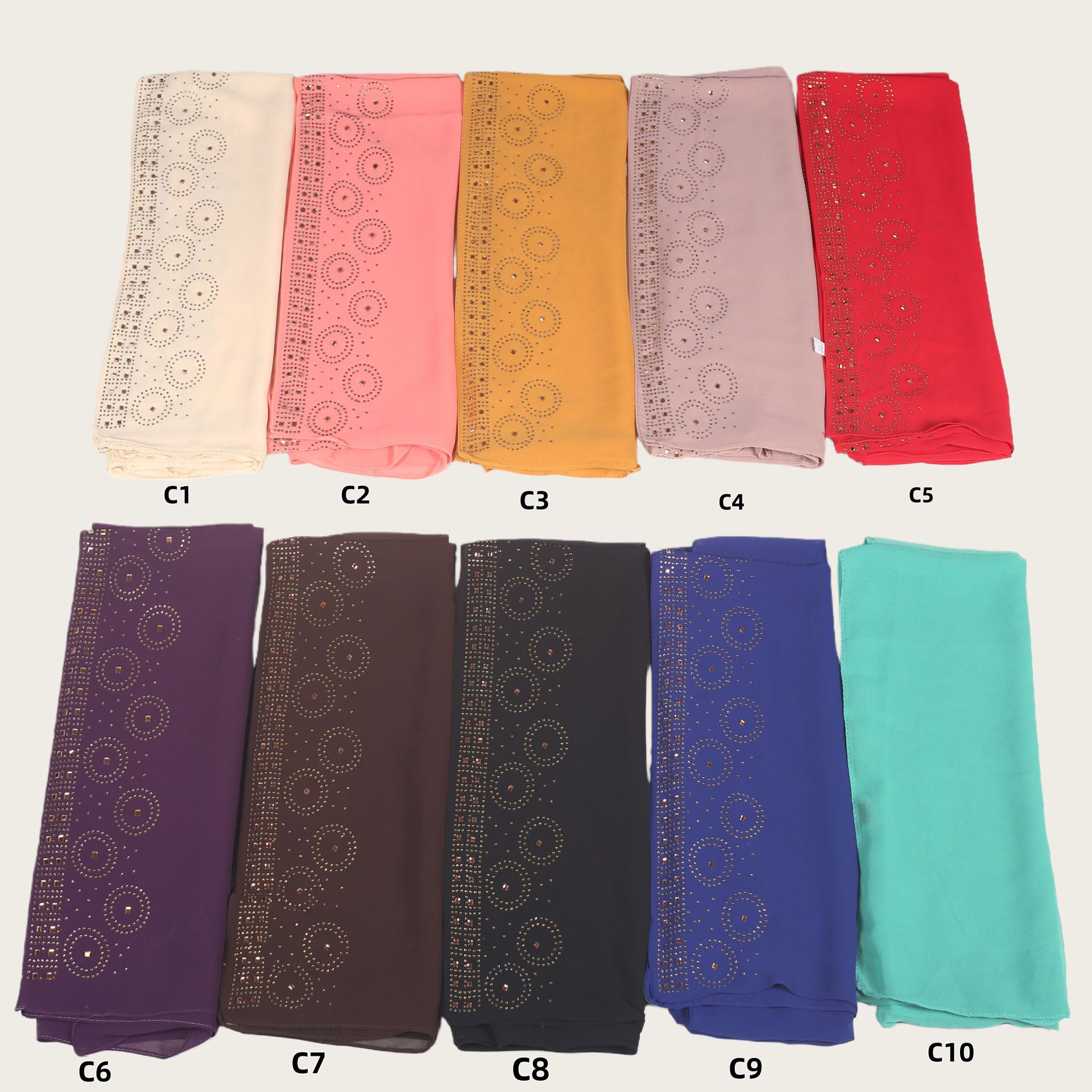 A007素色单色跨境新款围巾烫钻珍珠雪仿烫钻长巾盖头纱巾头巾花边详情1