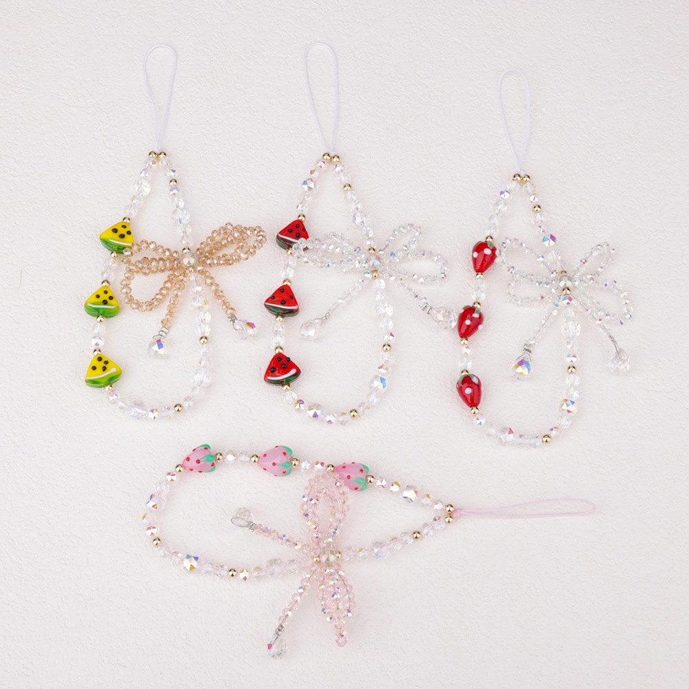 New cute glass strawberry watermelon phone chain, pink bow, beaded phone case, pendant, lanyard and pendant pic 2